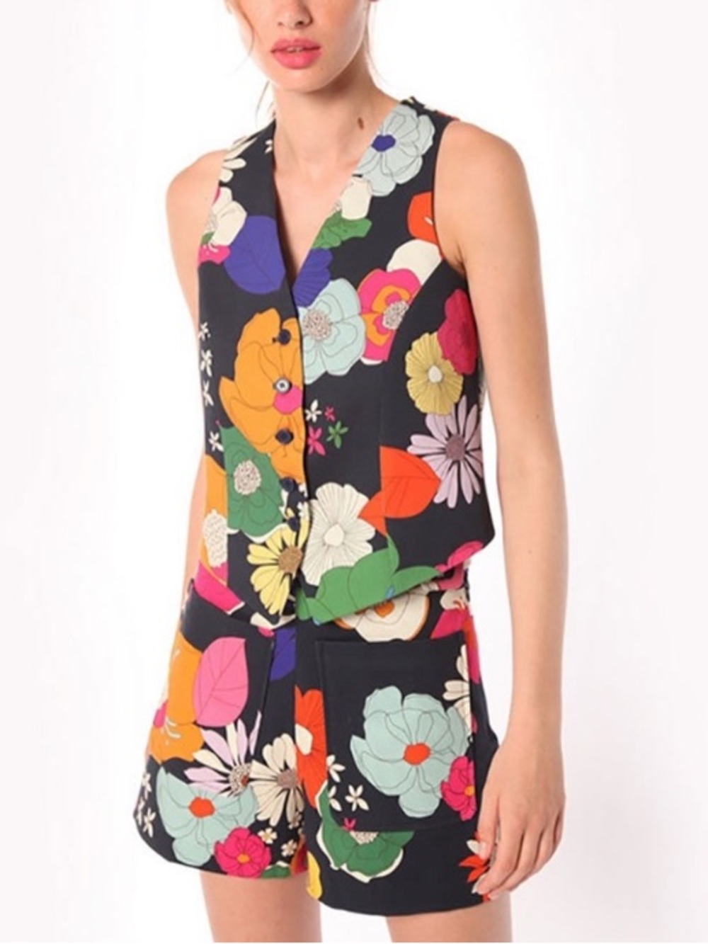 Vilagallo Avalon 30312 Short - Gabardine Cape Navy Size 38 Floral Print Spanish